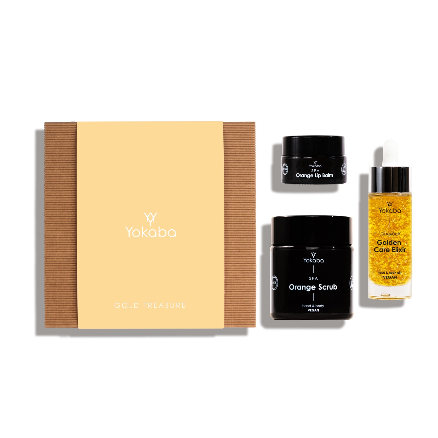 Gold Treasure Zestaw Prezentowy: Golden Care Elixir 30ml, Orange Scrub 100ml, Orange Lip Balm 15ml, Yokaba