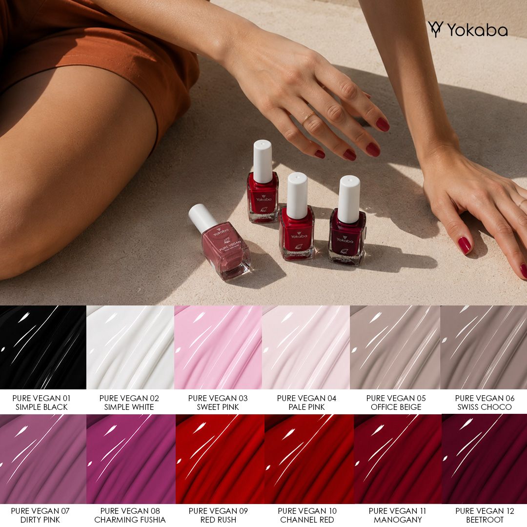 Dłoń z czerwonym manicure i butelki lakierów klasycznych Pure Vegan oraz paleta 12 odcieni od 01 Simple Black do 12 Beetroot