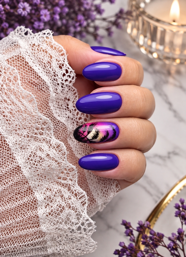 Fioletowy manicure z krajobrazowym NailArtem