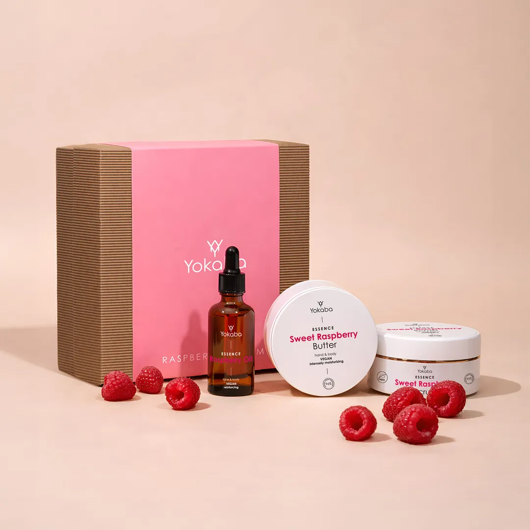 Zestaw prezentowy Yokaba Raspberry Dream - malinowy peeling, masło do ciała i olejek