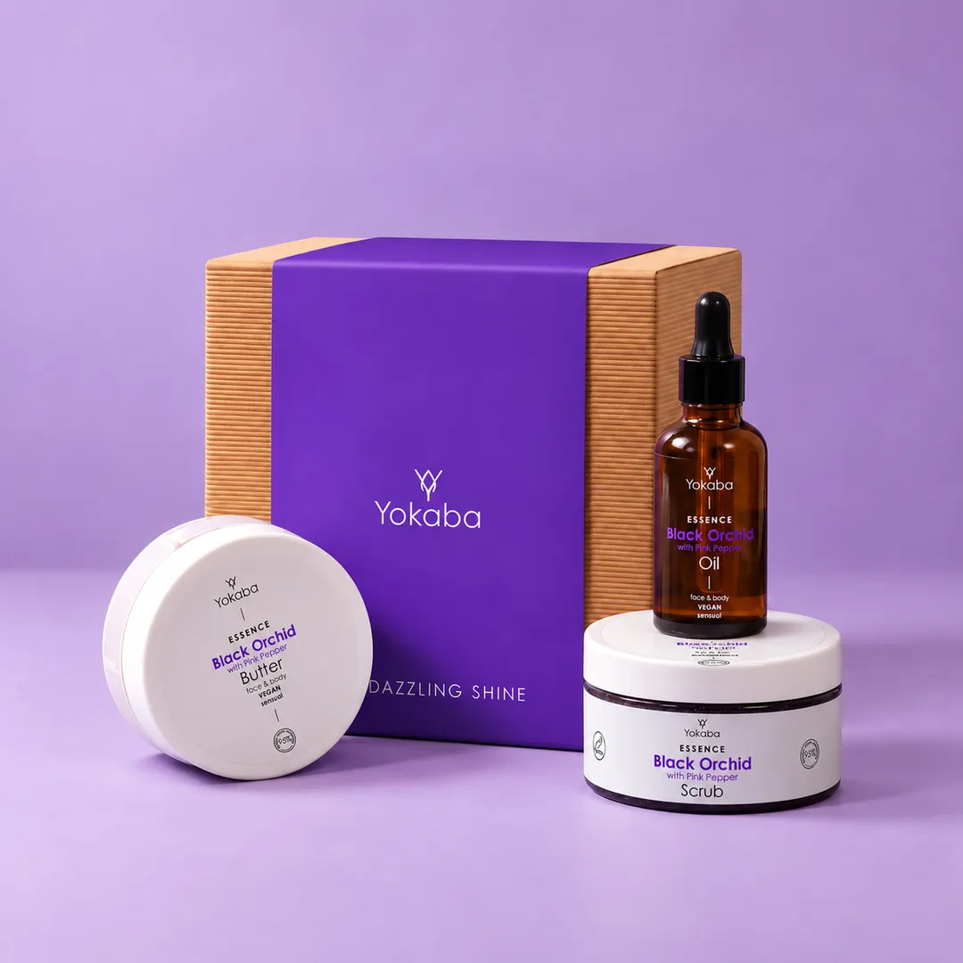 Zestaw prezentowy Yokaba Dazzling Shine - peeling, masło i olejek z czarną orchideą i różowym pieprzem