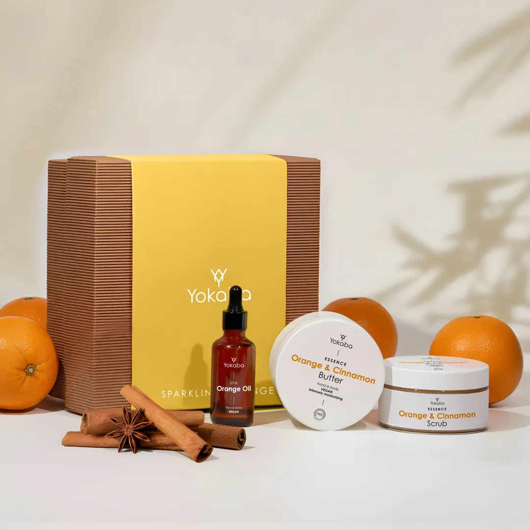 Zestaw prezentowy Yokaba Sparkling Orange - peeling, masło i olejek o zapachu pomarańczy i cynamonu